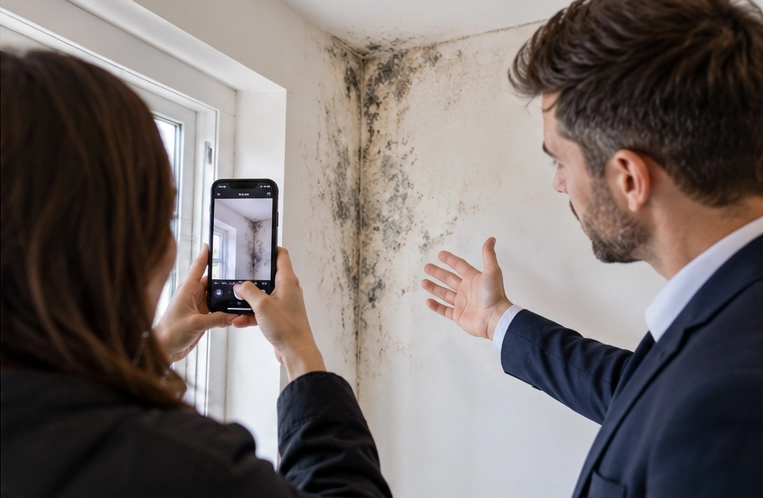 Photographing damp on a wall during a property viewing